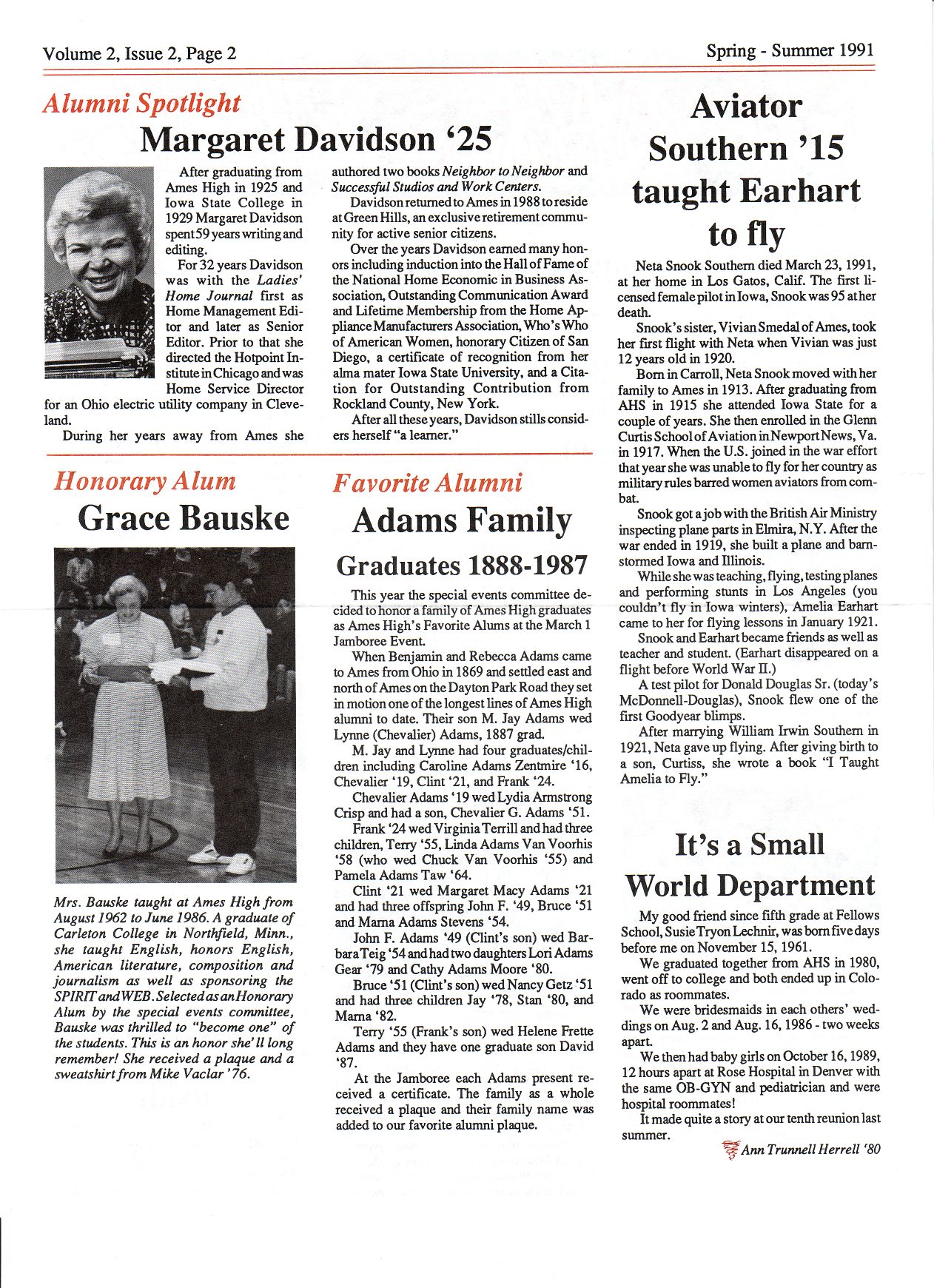 1991 page 2 Ames High School Alumni Assoc. spring-summer newsletter volume 2 issue 2
